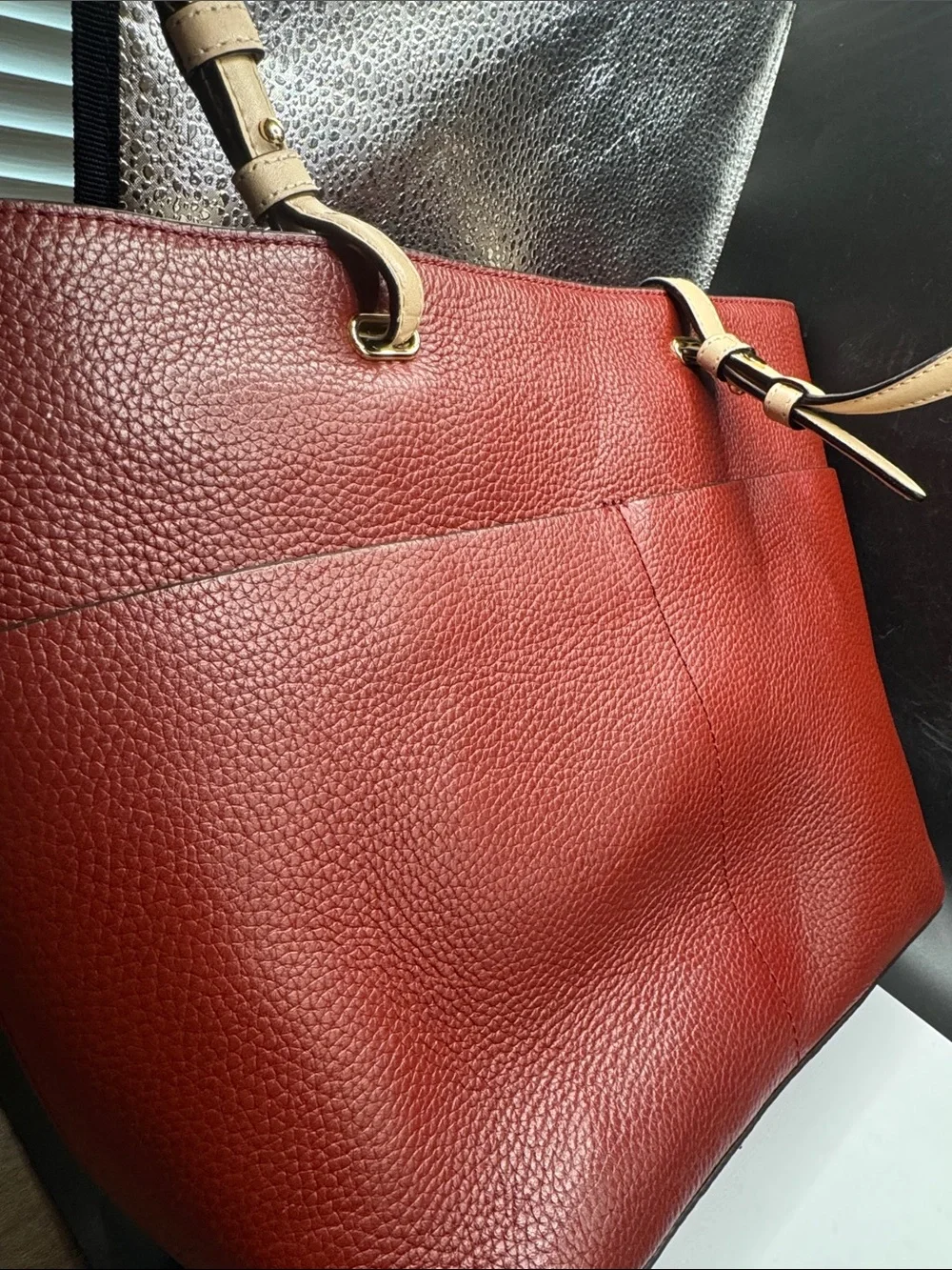 Michael Kors Red Leather Tote with Tan Strap Accents retail $198
